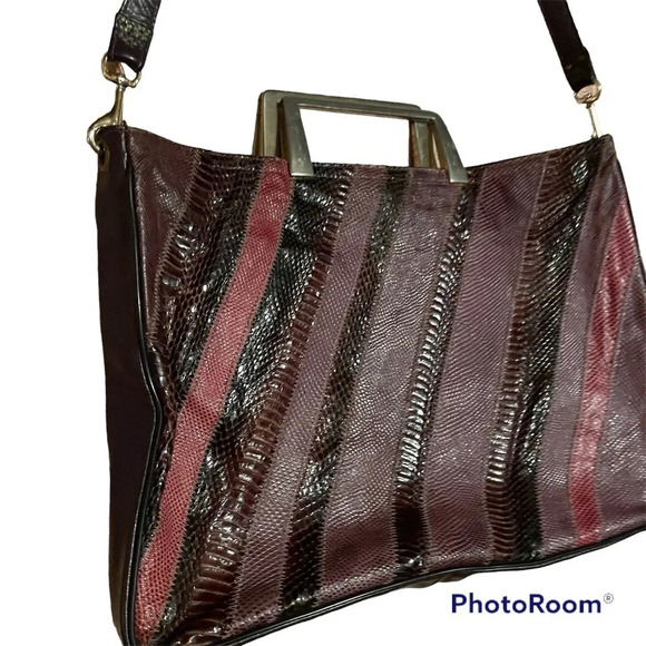 Vintage 1970s purple leather and snakeskin bag with meta handle removable strap - Picture 2 of 5